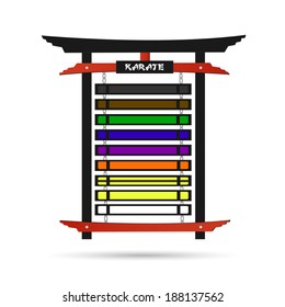 Illustration of a karate belt rack with belts isolated on a white background.