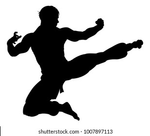 An illustration of karate or kung fu martial artist delivering a flying kick in silhouette