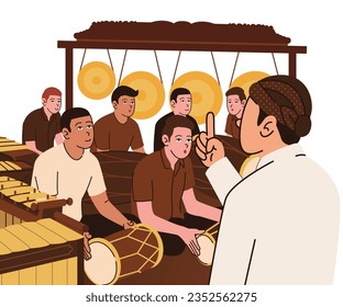 illustration of a karawitan instructor teaching gamelan music, vector illustration.