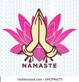 Illustration of karma depicted with Namaste, Indian women's hand greeting posture of namaste with lotus flower vector illustration