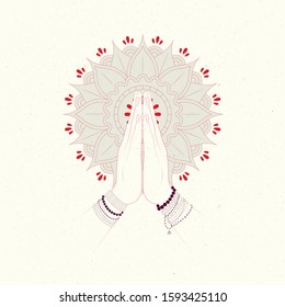 Illustration of karma depicted with Namaste, Indian women's hand greeting posture of namaste with lotus flower vector illustration