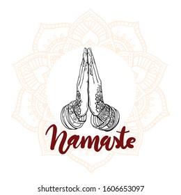 Illustration of karma depicted with Namaste, Indian women's hand greeting posture of namaste with lotus flower vector illustration - Vector