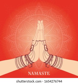 Ilustración del karma retratado con Namaste, la postura de las mujeres indias de saludar a mano con el namaste con ilustración del vector de flores de loto