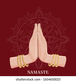 Illustration of karma depicted with Namaste, Indian women's hand greeting posture of namaste with lotus flower vector illustration