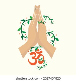 Illustration of karma depicted with Namaste, Indian hand greeting posture of namaste with om symbol and tropical leaves vector illustration