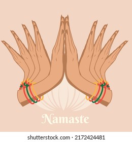 Illustration of karma depicted with Namaste, Indian women's hand greeting posture of namaste with lotus flower vector illustration