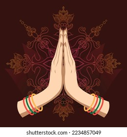 Illustration of karma depicted with Namaste, Indian women's hand greeting posture of namaste with lotus flower vector illustration