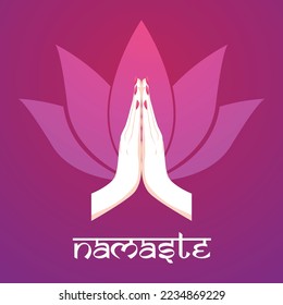 Illustration of karma depicted with Namaste, Indian women's hand greeting posture of namaste with lotus flower vector illustration