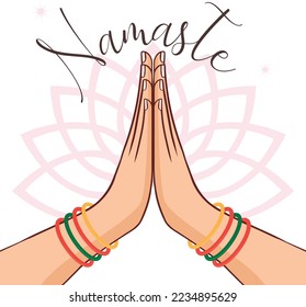 Illustration of karma depicted with Namaste, Indian women's hand greeting posture of namaste with lotus flower vector illustration