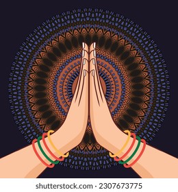 Illustration of karma depicted with Namaste, Indian women's hand greeting posture of namaste with lotus flower vector illustration