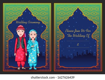 illustration of Kashmiri couple on Indian Wedding invitation template background