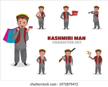 Illustration of kashmiri man character set on white background.