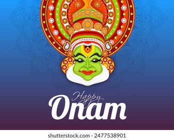 Illustration of Kathakali dancer face on purple floral background for Happy Onam celebration greeting card design.