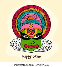 Illustration of kathakali dancer face on yellow background for South Indian festival, Happy Onam celebration.