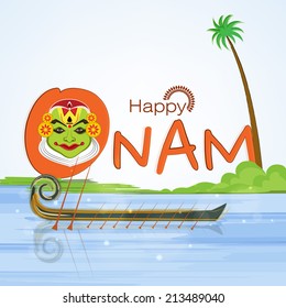 Illustration of kathakali dancer face in text of happy onam and snake boat on nature background.