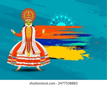 Illustration of Kathakali dancer on abstract brush stroke background with space for your message. Can be used as poster or banner design.