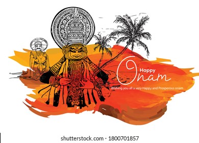 ilustración de la bailarina de Katakali en el fondo del festival Happy Onam en el sur de India Kerala