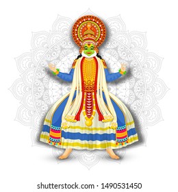 Illustration of Kathakali Dancer on white mandala pattern background.