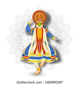 Illustration of Kathakali Dancer performing on white mandala pattern background.