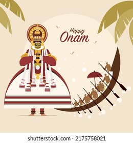 Illustration of Kathakali dancer and snake boat during the 'Onam' festival.Onam is a festival in Kerala, India