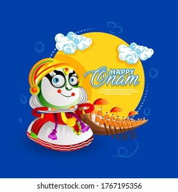 illustration of Kathakali face in Onam celebration background for Happy Onam festival of South India Kerala