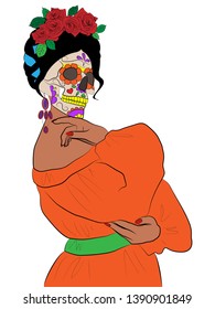 illustration of Katrina Calavera, a woman with a skull instead of a face with a traditional Mexican hairstyle, a symbol of the holiday Day of the dead and the Day of angels