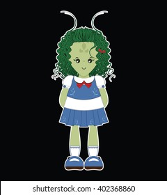 Illustration of kawaii alien monster girl with blue vest, skirt, white shirt, socks, bows ribbon. Cartoon flat style, elements for festive, childish design. Isolated vector object 