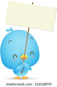 Illustration Of Kawaii Blue Bird Holding Blank Sign