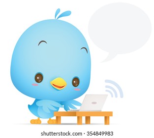 Illustration of Kawaii Blue Bird using laptop