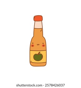 Illustration with a kawaii bottle of apple cider. Element for print, postcard and poster. Vector illustration