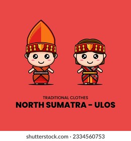 Illustration of kawaii chibi characters, a cute couple wearing traditional clothes, Ulos, North Sumatra, Indonesia