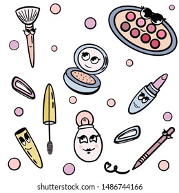 Illustration of kawaii cosmetics and  beauty  makeup set elements . Background. Doodle style  Vector version.