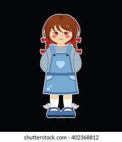 Illustration of kawaii little girl with braids, denim sundress, vest, white socks, bows ribbon. Cartoon flat style, elements for festive, childish design. Isolated vector object 