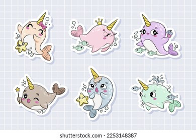 Illustration kawaii little narwhals  Funny nautical stickers  Cute cartoon characters for kids collection	