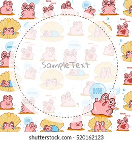Illustration of kawaii pearl oyster. Vector cartoon background in cute style. Round frame and place for text or photo. Template for greeting card, childish frame