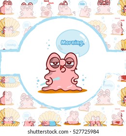Illustration of kawaii pearl oyster. Vector cartoon greeting card, background, ornate print in cute style. Pink, yellow, blue, white colors  