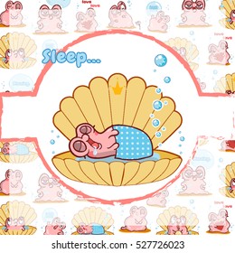 Illustration of kawaii pearl oyster. Vector cartoon greeting card, background, ornate print in cute style. Pink, yellow, blue, white colors  