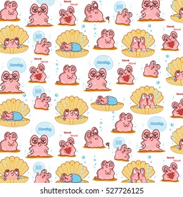 Illustration of kawaii pearl oyster. Vector cartoon background, ornate print in cute style. Page for square scrapbook paper. Template for card 