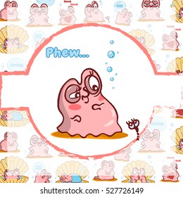 Illustration of kawaii pearl oyster. Vector cartoon greeting card, background, ornate print in cute style. Pink, yellow, blue, white colors  