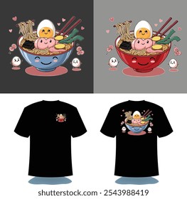 Ilustración de un tazón de ramen kawaii con una cara sonriente, palillos y expresiones lindas, perfecto para diseños de camisetas y Mercancía de temática japonesa