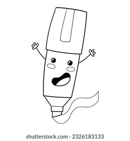 Illustration of a kawaii style highlighter pen, smiling with arms raised and drawing a path, design for t-shirt, clipart
