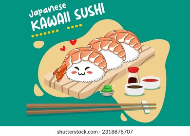 illustration of kawaii sushi on plate with shoyu sauce and wasabi. Vintage japanese kawaii sushi poster design with vector sushi character.