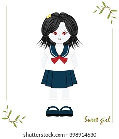 Illustration of kawaii vampire monster girl with navy blue school uniform, white skirt, socks, bows ribbon. Cartoon flat style, elements for festive, childish design. Isolated vector object 