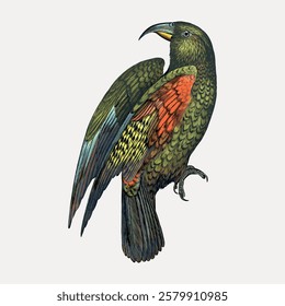 Illustration of a Kea parrot with vibrant green, red, and yellow feathers. The Kea parrot is perched, showcasing its colorful plumage and curved beak. Vintage bird illustration vector.