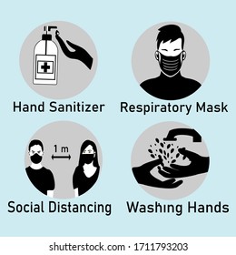 illustration of keeping a social distance, wearing respiratory protective masks, cleaning hands and washing hands. self protection against covid-19 virus. flat design. protection icon set.vector
