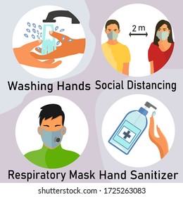 illustration of keeping a social distance, wearing respiratory protective masks, cleaning hands and washing hands. self protection against covid-19 virus. flat design. protection icon set.vector