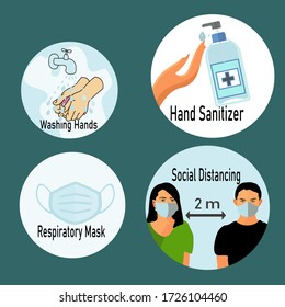 
illustration of keeping a social distance, wearing medical masks, cleaning hands and washing hands. covid-19 theme design