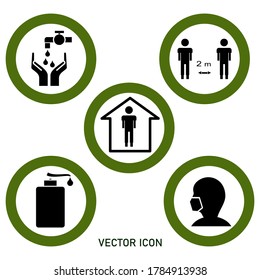 illustration of keeping a social distance, wearing respiratory protective masks, cleaning hands and washing hands. self protection against covid-19 virus. flat design. protection icon set.