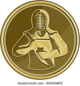Illustration of a kendo kendoka swordsman with bamboo sword or shinai  and protective armour or bÃ?Â�gu set inside gold brass coin medal viewed from front done in retro style. 