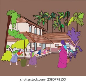 Illustration of a Kerala traditionally house scenario with ladies in different activities